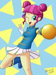 Size: 2448x3264 | Tagged: safe, artist:horsecat, derpibooru import, majorette, sweeten sour, equestria girls, background human, baton, boot, breasts, busty sweeten sour, cheerleader, clothes, cute, female, one eye closed, peace sign, pleated skirt, raised leg, sideboob, skirt, solo, suika sour, thighs, tongue out, wink