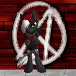 Size: 900x900 | Tagged: safe, artist:therebelphoenix, derpibooru import, oc, unofficial characters only, pony, unicorn, anarchy, bipedal, cap, graffiti, hat, solo