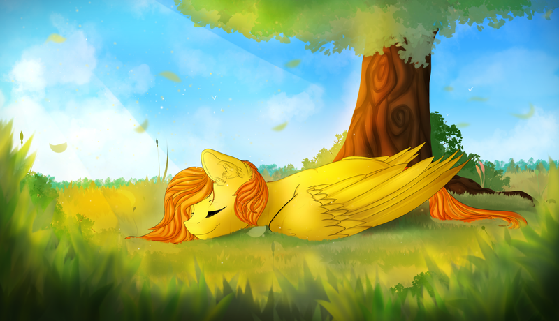 Size: 1600x920 | Tagged: safe, artist:isorrayi, derpibooru import, oc, oc:firetale, unofficial characters only, pegasus, pony, content, eyes closed, male, nap, pleasant, prone, sleeping, solo, stallion, tree, under the tree