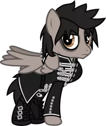 Size: 1088x1291 | Tagged: safe, artist:lightningbolt, derpibooru import, ponified, pegasus, pony, .svg available, belt, boots, buckle, clandestine industries, clothes, emo, eyeliner, eyeshadow, frown, hooves behind head, jacket, looking at you, makeup, medal, mikey way, my chemical romance, raised hoof, simple background, socks, solo, svg, the black parade, transparent background, vector, wings