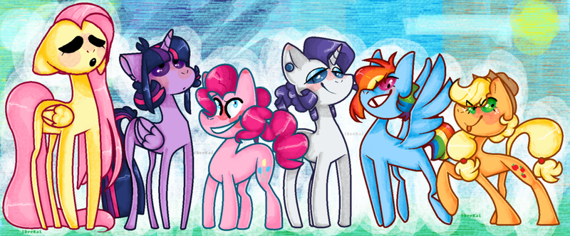 Size: 1024x425 | Tagged: safe, artist:ideekai, derpibooru import, applejack, fluttershy, pinkie pie, rainbow dash, rarity, twilight sparkle, twilight sparkle (alicorn), alicorn, pony, line-up, looking at you, mane six, smiling, smirk