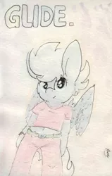 Size: 679x1070 | Tagged: safe, artist:slightlyshade, derpibooru import, night glider, pony, belly button, bipedal, clothes, midriff, pants, shirt, short shirt, solo, traditional art