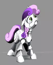 Size: 1234x1492 | Tagged: safe, artist:ponsce, derpibooru import, sweetie belle, pony, robot, robot pony, unicorn, female, filly, floppy ears, foal, gray background, hooves, horn, simple background, solo, sweetie bot