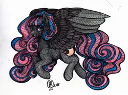 Size: 2348x1743 | Tagged: safe, artist:kimsteinandother, derpibooru import, oc, oc:nigh heart, unofficial characters only, pegasus, pony, decorative hatching, female, looking at you, mare, simple background, solo, spread wings, traditional art, white background, wings