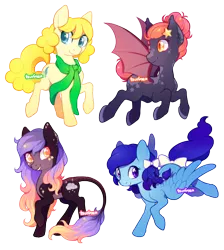 Size: 658x734 | Tagged: safe, artist:tsurime, derpibooru import, oc, unofficial characters only, bat pony, earth pony, pegasus, pony, bow, clothes, female, floating, happy, looking back, mare, raised hoof, scarf, signature, simple background, smiling, spread wings, transparent background, wings