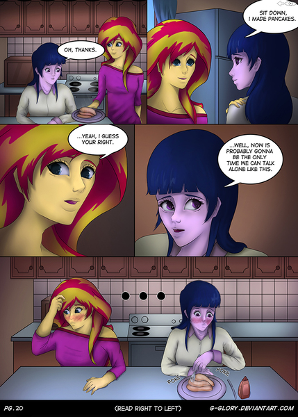 Size: 800x1120 | Tagged: safe, artist:g-glory, derpibooru import, sunset shimmer, twilight sparkle, comic:up late, equestria girls, blushing, clothes, comic, dialogue, female, food, kitchen, lesbian, pajamas, pancakes, shipping, speech bubble, stove, sunsetsparkle