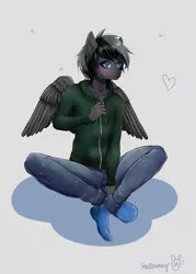 Size: 5905x8267 | Tagged: absurd resolution, anthro, artist:vanilla166, clothes, derpibooru import, girly, heart, hoodie, male, oc, oc:shadow, pegasus, safe, simple background, sitting, socks, solo, stallion, unofficial characters only, wings