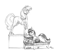 Size: 1400x1204 | Tagged: safe, artist:baron engel, derpibooru import, oc, oc:marble vein, unofficial characters only, earth pony, pony, unicorn, book, clothes, couch, female, mare, monochrome, pencil drawing, prone, reading, simple background, sketch, smiling, solo, statue, traditional art, vest, white background