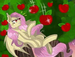 Size: 1024x768 | Tagged: safe, artist:yomi brasi, derpibooru import, fluttershy, bat pony, pony, apple, apple tree, flutterbat, food, race swap, solo