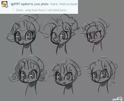 Size: 1280x1041 | Tagged: alternate hairstyle, applejack, artist:bloodatius, ask, bust, cute, derpibooru import, fluttershy, grayscale, hair bun, looking at you, mane six, monochrome, neo noir, partial color, pinkie pie, portrait, rainbow dash, rarity, safe, sketch, tumblr, twilight sparkle