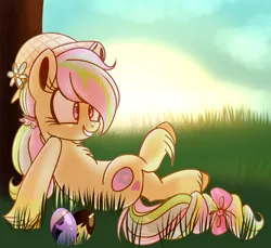 Size: 1400x1280 | Tagged: artist:starchasesketches, bow, cute, derpibooru import, easter, easter egg, grass, hat, oc, oc:easter paint, safe, side, solo, sunset, unofficial characters only
