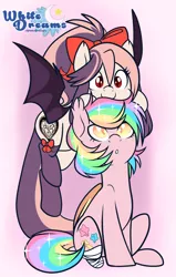 Size: 2000x3149 | Tagged: safe, artist:xwhitedreamsx, derpibooru import, oc, oc:paper stars, oc:sweet velvet, unofficial characters only, bat pony, pony, amputee, bow, clothes, colored pupils, cute, duo, female, gift art, hair bow, looking up, mare, ocbetes, paperbetes, stockings, thigh highs