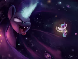 Size: 1759x1327 | Tagged: safe, artist:insanerobocat, derpibooru import, nightmare moon, princess celestia, alicorn, pony, duo, elements of harmony, ethereal mane, fangs, female, fight, galaxy, galaxy mane, giant pony, glowing horn, macro, magic, mare, open mouth, pony bigger than a galaxy, sisters, size difference, smiling, spread wings, stars, wings