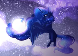 Size: 2448x1772 | Tagged: safe, artist:immagoddampony, artist:jemmiej18, derpibooru import, princess luna, alicorn, pony, flying, galaxy mane, moon, pony bigger than a planet, prehensile mane, solo, tangible heavenly object