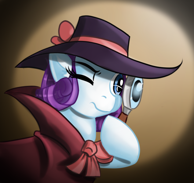 Size: 1019x963 | Tagged: safe, artist:hebini, derpibooru import, rarity, pony, rarity investigates, clothes, detective, detective rarity, digital art, hoof hold, magnifying glass, one eye closed, solo