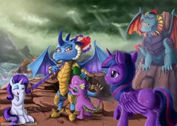 Size: 1200x857 | Tagged: safe, artist:vittorionobile, derpibooru import, dragon lord torch, garble, princess ember, rarity, spike, twilight sparkle, twilight sparkle (alicorn), alicorn, dragon, pony, unicorn, gauntlet of fire, armor, bloodstone scepter, crying, dragon lord ember, open mouth, plot, sitting, tears of joy, twibutt