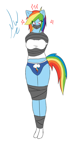 Size: 565x1024 | Tagged: angry, anthro, artist:nativewolf318, blue underwear, bondage, breasts, busty rainbow dash, clothes, cross-popping veins, cutie mark underwear, dead source, derpibooru import, duct tape, female, gag, panties, questionable, rainbow dash, shirt, simple background, solo, solo female, tape gag, underwear, white background