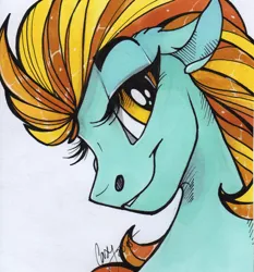 Size: 1525x1634 | Tagged: safe, artist:casynuf, derpibooru import, lightning dust, pegasus, pony, bust, lidded eyes, looking at you, portrait, smiling, solo, traditional art