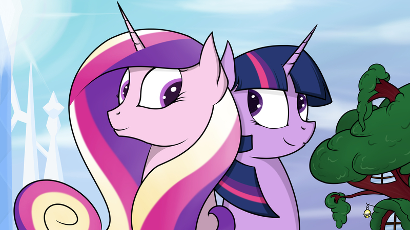 Size: 7680x4320 | Tagged: safe, artist:cloudyskieswrites, derpibooru import, princess cadance, twilight sparkle, pony, absurd resolution, back to back, crystal castle, golden oaks library