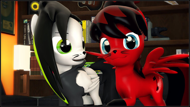 Size: 1920x1080 | Tagged: safe, artist:skilm, derpibooru import, oc, oc:devil dash, oc:skiski, unofficial characters only, pegasus, pony, 3d, couple, kitty suit, source filmmaker