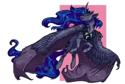 Size: 1280x853 | Tagged: safe, artist:gonedreamer, derpibooru import, princess luna, alicorn, bat pony, bat pony alicorn, pony, bat wings, curved horn, fangs, flying, hybrid wings, large wings, looking at you, lunabat, open mouth, pink background, race swap, simple background, solo, talons, transparent background, wing claws, wings