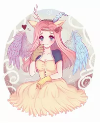 Size: 2018x2477 | Tagged: safe, artist:trevica, derpibooru import, fluttershy, human, blushing, clothes, dress, eared humanization, ear fluff, gloves, hairband, heart, heart eyes, humanized, implied discoshy, implied shipping, implied straight, looking at you, smiling, solo, wingding eyes, winged humanization, wings