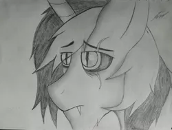 Size: 2570x1945 | Tagged: safe, artist:teardrop, derpibooru import, oc, oc:issac, unofficial characters only, pony, unicorn, eye, eyes, male, monochrome, sad, solo, stallion, tired, traditional art