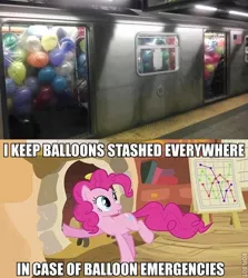 Size: 500x560 | Tagged: ball emergency, balloon, derpibooru import, edit, edited screencap, fireplace, golden oaks library, image macro, irl, it's about time, meme, metro, photo, pinkie pie, roflbot, safe, screencap, solo, subway