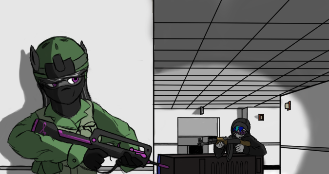 Size: 675x358 | Tagged: ak-47, anthro, artist:grimdark-lindy, assault rifle, counter-strike, counter-strike: global offensive, derpibooru import, famas, gun, octavia melody, office, rifle, safe, terrorist, vinyl scratch, weapon