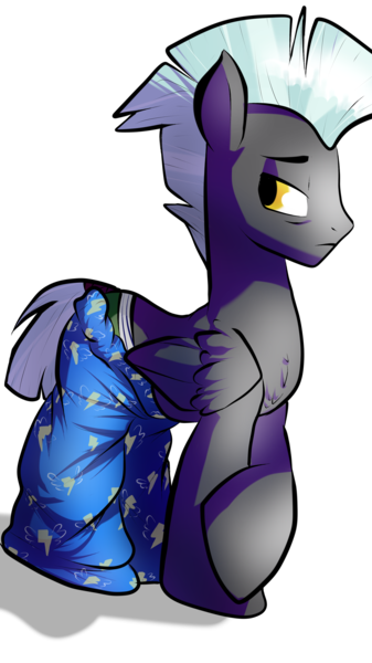 Size: 2121x3771 | Tagged: safe, artist:heyerika, derpibooru import, thunderlane, pegasus, pony, clothes, looking back, male, pajamas, simple background, solo, stallion, tail wrap, tired, underwear