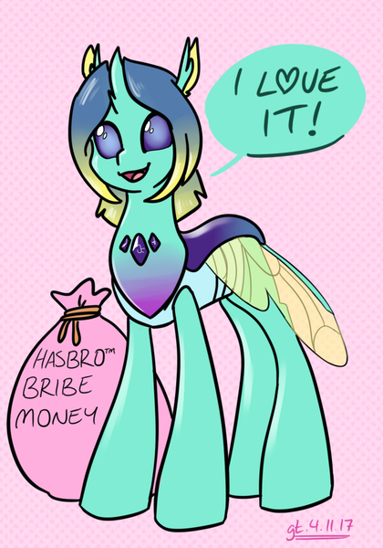 Size: 700x1000 | Tagged: artist:goat train, bag, bribery, changedling, changedling oc, changeling, derpibooru import, hasbro, oc, oc:princess elytra, safe, solo, unofficial characters only