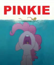 Size: 540x653 | Tagged: safe, artist:ponylover88, derpibooru import, pinkie pie, earth pony, human, pony, 1000 years in photoshop, jaws, movie poster, parody, pinkie shark, swimming