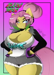 Size: 800x1108 | Tagged: anthro, anthro oc, artist:phanto-katt, art trade, big breasts, breasts, clothes, derpibooru import, female, huge breasts, oc, oc:melon drop, shorts, solo, solo female, suggestive, unofficial characters only