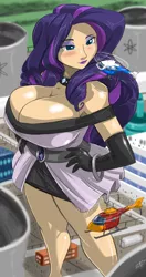 Size: 2943x5556 | Tagged: absurd resolution, artist:shonuff44, bedroom eyes, belt, big breasts, blushing, breasts, busty rarity, cleavage, clothes, derpibooru import, evening gloves, female, giantess, gloves, hand on hip, helicopter, huge breasts, human, humanized, lipstick, long gloves, macro, mega rarity, nuclear power plant, power plant, rarity, solo, solo female, suggestive