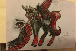 Size: 3264x2216 | Tagged: safe, artist:derpyluna112, derpibooru import, oc, oc:bloodlust, oc:camoflage cat, unofficial characters only, alicorn, pony, red and black oc, traditional art