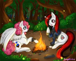 Size: 1500x1200 | Tagged: safe, artist:bunnywhiskerz, derpibooru import, oc, oc:blackjack, oc:dandy candy, unofficial characters only, pegasus, pony, unicorn, fallout equestria, fallout equestria: project horizons, campfire, camping, commission, female, forest, mare