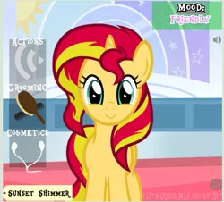 Size: 611x552 | Tagged: safe, artist:comfydove, artist:heartwarmer-mlp, artist:lil-lovey, derpibooru import, sunset shimmer, pony, unicorn, brush, comb, cute, earbuds, female, game, happy, looking at you, mare, shimmerbetes, smiling, solo