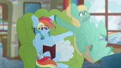 Size: 2560x1440 | Tagged: safe, artist:moonhowlerel, derpibooru import, rainbow dash, zephyr breeze, pony, flutter brutter, book, chest fluff, cloud, couch, denied, motion blur, scene interpretation