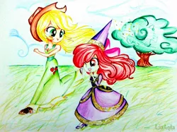 Size: 1854x1390 | Tagged: safe, artist:liaaqila, derpibooru import, apple bloom, applejack, equestria girls, for whom the sweetie belle toils, beautiful, boots, clothes, commission, costume, cowboy boots, cute, dress, grass field, hennin, high heel boots, high heels, laughing, looking at each other, princess, racing, running, sisters, tongue out, traditional art, tree