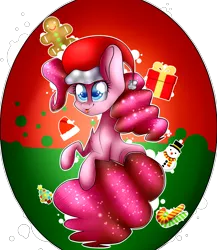 Size: 2203x2539 | Tagged: safe, artist:mandy-sunshine, derpibooru import, pinkie pie, pony, candy, candy cane, christmas, christmas tree, food, gingerbread man, high res, present, snowman, solo, tree