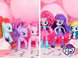 Size: 1068x800 | Tagged: safe, derpibooru import, official, pinkie pie, rainbow dash, twilight sparkle, pony, equestria girls, balloon, boots, bowtie, clothes, cupcake, doll, equestria girls minis, food, high heel boots, human ponidox, irl, leg warmers, my little pony logo, one eye closed, photo, pony counterpart, self ponidox, shoes, skirt, toy, wink, wristband