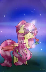 Size: 600x926 | Tagged: safe, artist:shinning-staryt, derpibooru import, oc, oc:rosebud, unofficial characters only, alicorn, pony, alicorn oc, colored wings, female, floral head wreath, flower, long mane, magic, mare, night, one eye closed, rose, solo