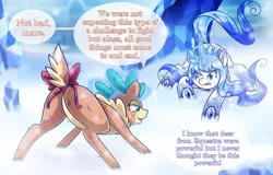 Size: 2000x1283 | Tagged: safe, artist:vavacung, derpibooru import, velvet reindeer, oc, oc:crystal heart, alicorn, deer, pony, reindeer, them's fightin' herds, alicorn oc, bow, crown, deer magic, dialogue, duo, female, fight, glowing horn, ice, jewelry, lidded eyes, magic, mare, plot, rear view, regalia, serious, serious face, snow, speech bubble, tail bow