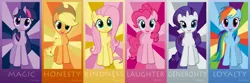 Size: 6144x2048 | Tagged: absurd resolution, applejack, artist:waranto, derpibooru import, fluttershy, generosity, honesty, hugpony poses, kindness, loyalty, magic, mane six, pinkie pie, poster, rainbow dash, rarity, safe, twilight sparkle