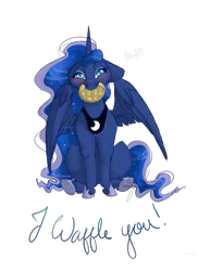 Size: 5100x7014 | Tagged: safe, artist:flita, derpibooru import, princess luna, alicorn, pony, absurd resolution, blushing, floppy ears, food, looking at you, mouth hold, simple background, sitting, solo, spread wings, transparent background, waffle, wings