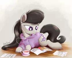 Size: 2250x1800 | Tagged: safe, artist:bugplayer, derpibooru import, octavia melody, earth pony, pony, clothes, colored pupils, crossed hooves, cup, earbuds, female, food, hoodie, magazine, mare, paper, prone, reading, solo, sweater, tea, teacup