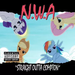 Size: 654x654 | Tagged: album, applejack, derpibooru import, edit, fluttershy, fresh princess of friendship, nwa, parental advisory, rainbow dash, rarity, safe, straight outta compton