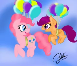 Size: 1120x960 | Tagged: safe, artist:sweetkllrvane, derpibooru import, pinkie pie, scootaloo, earth pony, pegasus, pony, balloon, duo, floating, scootaloo can fly, scootalove, sky, then watch her balloons lift her up to the sky