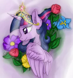 Size: 3680x3920 | Tagged: safe, artist:check3256, derpibooru import, twilight sparkle, twilight sparkle (alicorn), alicorn, pony, big crown thingy, bust, element of magic, flower, jewelry, portrait, profile, regalia, smiling, solo