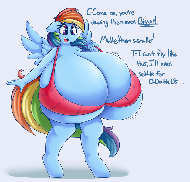 Size: 1280x1227 | Tagged: anthro, artist:graphenescloset, big breasts, bra, breast expansion, breasts, busty rainbow dash, cleavage, clothes, derpibooru import, dialogue, female, growth, huge breasts, impossibly large breasts, questionable, rainbow dash, simple background, solo, solo female, underwear, unguligrade anthro